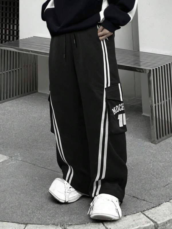 Yemwry Classic Black Pants With Drawstring Design, Comfortable With Striped And Letter Elements Adding Personalized, Suitable For Various Styling, Essential Choice To Showcase Attitude