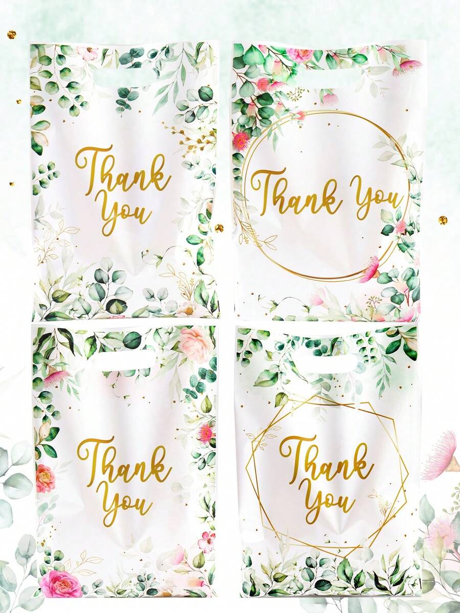 10/20/50个装桉树花卉图案塑料礼品袋，带提手 - 耐用派对礼品，适用于婚礼、生日、宾客回礼、企业礼品和零售包装