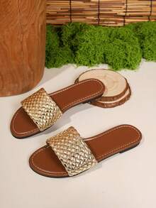 1 双条纹性感沙滩凉鞋，优雅派对朋克学院风波西米亚休闲时尚前卫沙滩镂空网眼混合编织皮革女鞋 - 淺金色 - 查看 9