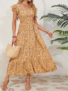 Printed Waist Tie A-Line Mini Dress With Ruffle Hem Sleeves, Holiday Vibe - Yellow - View 4