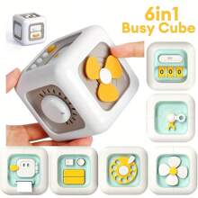 6-In-1 Busy Cube Toy, Suitable For Teens And Youth - Improves Fine Motor Skills And Early Learning Abilities, White With Yellow Accents, Made In China, Teen Toy