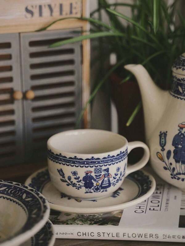 1 Juego de taza de café y platillo de cerámica con diseño vintage, taza y plato de cerámica retro creativa, taza de té estilo francés para el té de la tarde, plato de postre, plato de servir para la mesa del hogar, plato para bistec y pasta