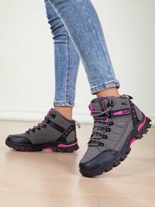 1 Pair Women Mid-Cut Outdoor Hiking Boots, Grey High-Top Hiking Shoes, Heat & Wear Resistant Thick Sole Non-Slip Hiking Boots