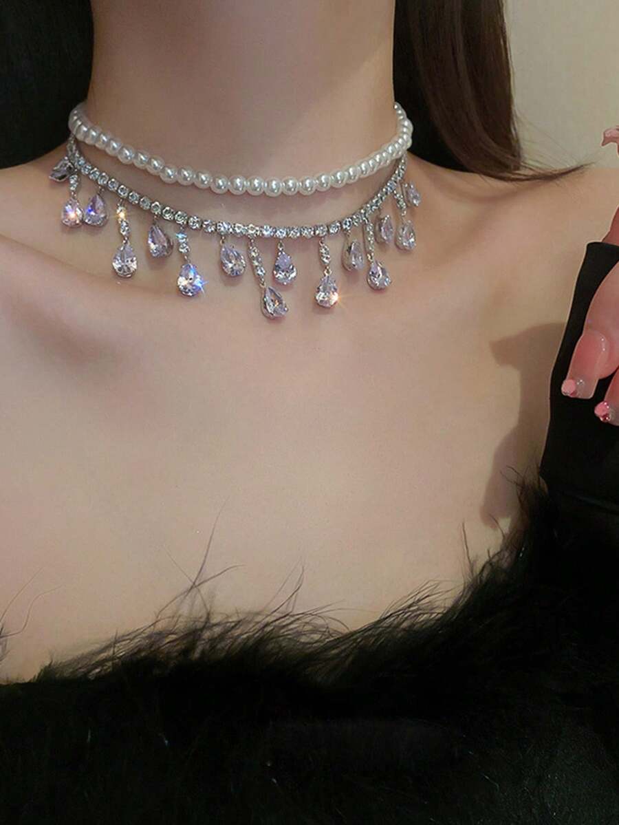 A Double Zirconia Pearl Necklace Simple Elegant Necklace - White - View 1