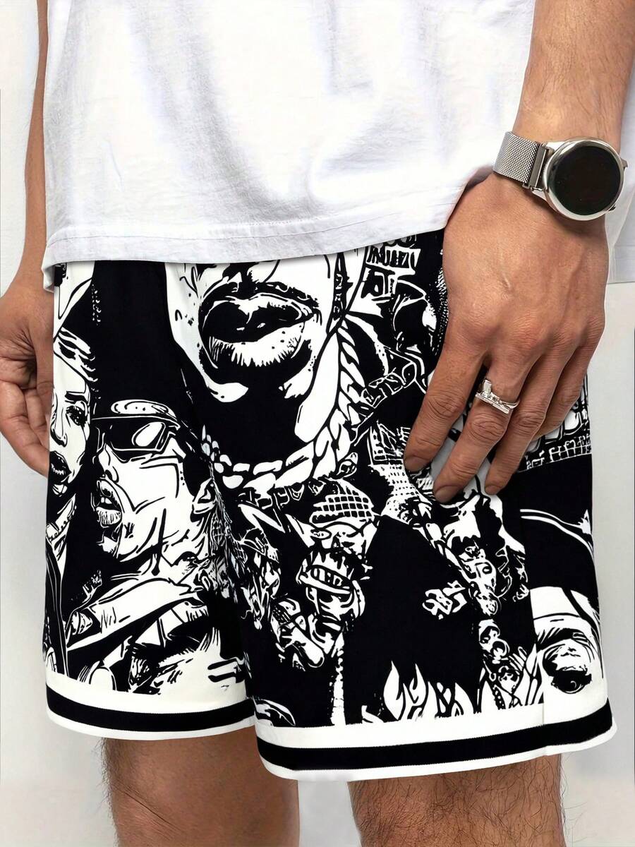 Men's Fashionable Cartoon Character Print Drawstring Waist Shorts - Multicolor - View 1