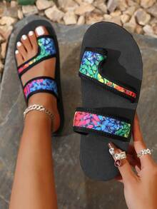 Damskie modne boho styl unisex lekkie antypoślizgowe codzienne płaskie sandały, para wsuwanych płaskich klapków plażowych - Zielony - Zobacz 4