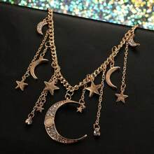 قلادة معلق بتصميم بسيط عصري بشكل نجوم وقمر وشمس، سلسلة أحادية الطبقات مناسبة للنساء للارتداء اليومي والمناسبات، إكسسوار قلادة متعدد الاستخدامات هدية