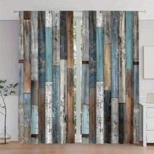 2pcs Polyester Retro Faux Wood Grain Print Light Filtering Curtains, Suitable For Bedroom, Living Room, Office And Home Decor, Rod Pocket Design, Fits Curtain Rod