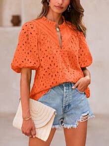 Women's Summer Top Fashion Casual Lantern Short Sleeve V-Neck Button Hollow-Out Lace Embroidery Shirt - trái cam - Xem 1