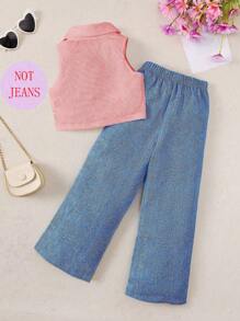 Conjunto de verano para niña con top de chaleco de unicolor casual y pantalones con estampado de flores efecto denim