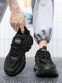 Men's Spring Versatile Casual Fashion Sports Chunky Sneakers, Anti-Slip Elevated Sneakers - Black - View 3