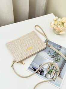 1pc Women's Mini Fashionable Straw Woven Shoulder Crossbody Bag, Casual Versatile Small Square Handbag Clutch With Zipper Closure, 2 Strap Options, Gift/Street/Holiday - Beige - View 6