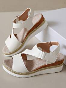 Women's Elastic Sandals, New Summer Platform Wedge Heels, Straw Woven Lightweight Soles, Vacation Style Versatile, Mesh Skirt Suitable, Brown Color Open Toe Casual Sandals - White - View 6