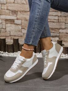 Women's Velour Patchwork Lace-Up Chunky Sneakers, Lightweight Thick Sole Casual Outdoor Sport Style Student Shoes, Autumn New Arrival