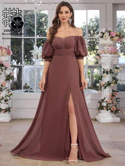  UNITHORSE 涤纶公主袖 V 领礼服优雅垂坠长裙，侧开衩，适合女士正式场合穿着、晚礼服、伴娘服