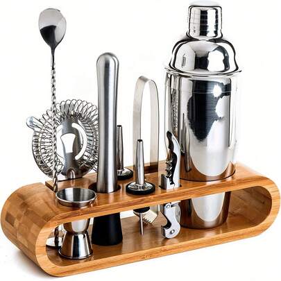 10 Piece Premium Bartender's Set With Bamboo Stand - Stainless Steel Cocktail Shaker With Bar Tool Set For Home Bar, Perfect Housewarming Gift, Bar Accessories