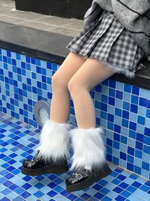 1 双白色纯色人造毛皮蓬松腿套，Y2K 风格，四季皆宜，舒适保暖 - 白色 - 查看 5