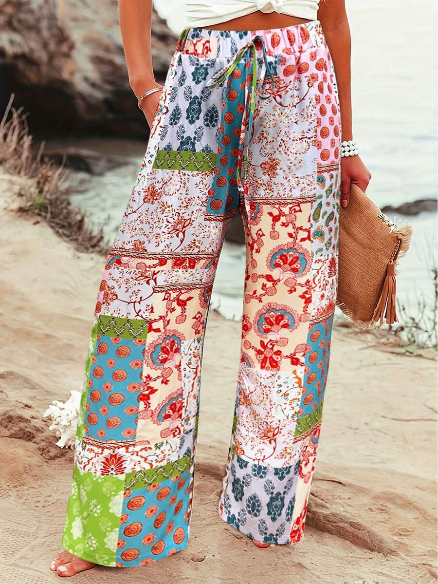 女式全印花抽绳腰阔腿休闲裤，春夏 - 彩色 - 查看 1