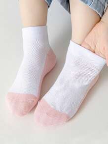 5 Pairs White/Pink Contrast Color Kids Socks, Pink Base Student Mesh Socks For Boys And Girls, Short Socks For Back To School, Christmas