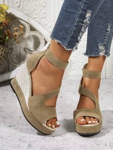 Women's New Summer Suede Thick Bottom Wedge High Heel Open Toe Sandals, Hollow Peep-Toe Zipper Closure High Heel Sandals - Apricot - View 4