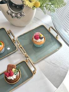 1pc Vintage Metallic Edge Sweet Treat Serving Platter - Milk Green Gold Tray - View 6