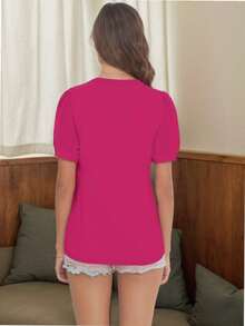 hupos Women's Short-Sleeved Tunic V-Neck Summer Casual Shirt Top - Màu Hồng Tươi - Xem 2