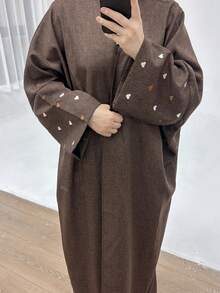 1 pieza Cárdigan con puño bordado de unicolor y elegante, adecuado para salidas diarias de mujeres, Abaya musulmana - Multicolor - Ver 19