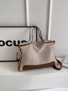 Fabric & PU Leather Mixed Large Capacity Fringe Tote Bag For Women - Brown - View 4