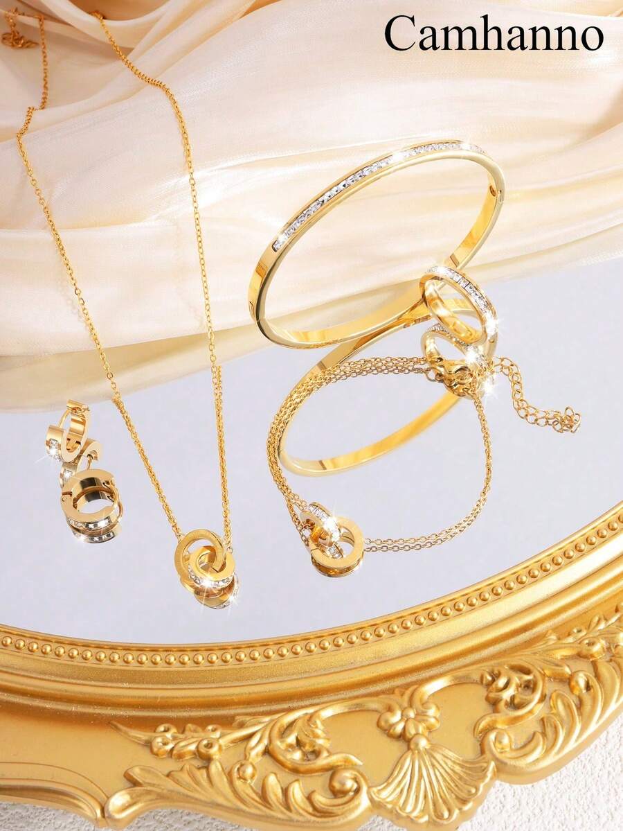 6 Pcs Stylish And Exquisite Stainless Steel Single Row Rhinestones Sets Are Perfect Holiday Gifts For Your Girlfriend - Gold - View 1