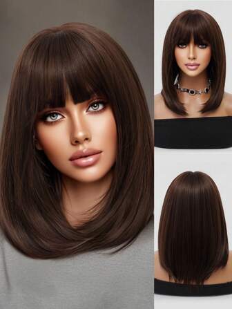 Elegant Enkel Mockabrun Axellängd Medium Rak Peruk Casual Mörkbrun Bob Peruk Med lugg Kvinna Syntetisk Värmebeständig Fiber Peruk Flickor Bröllopskostym Peruk Vardagsfest 16 tum Chic Brun Peruk