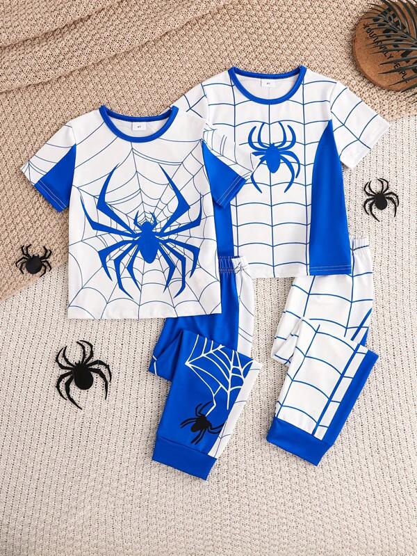 4pcs/Set Toddler Boys' Spider Digital Print Knit Short Sleeve Pajamas Set - Top And Pants