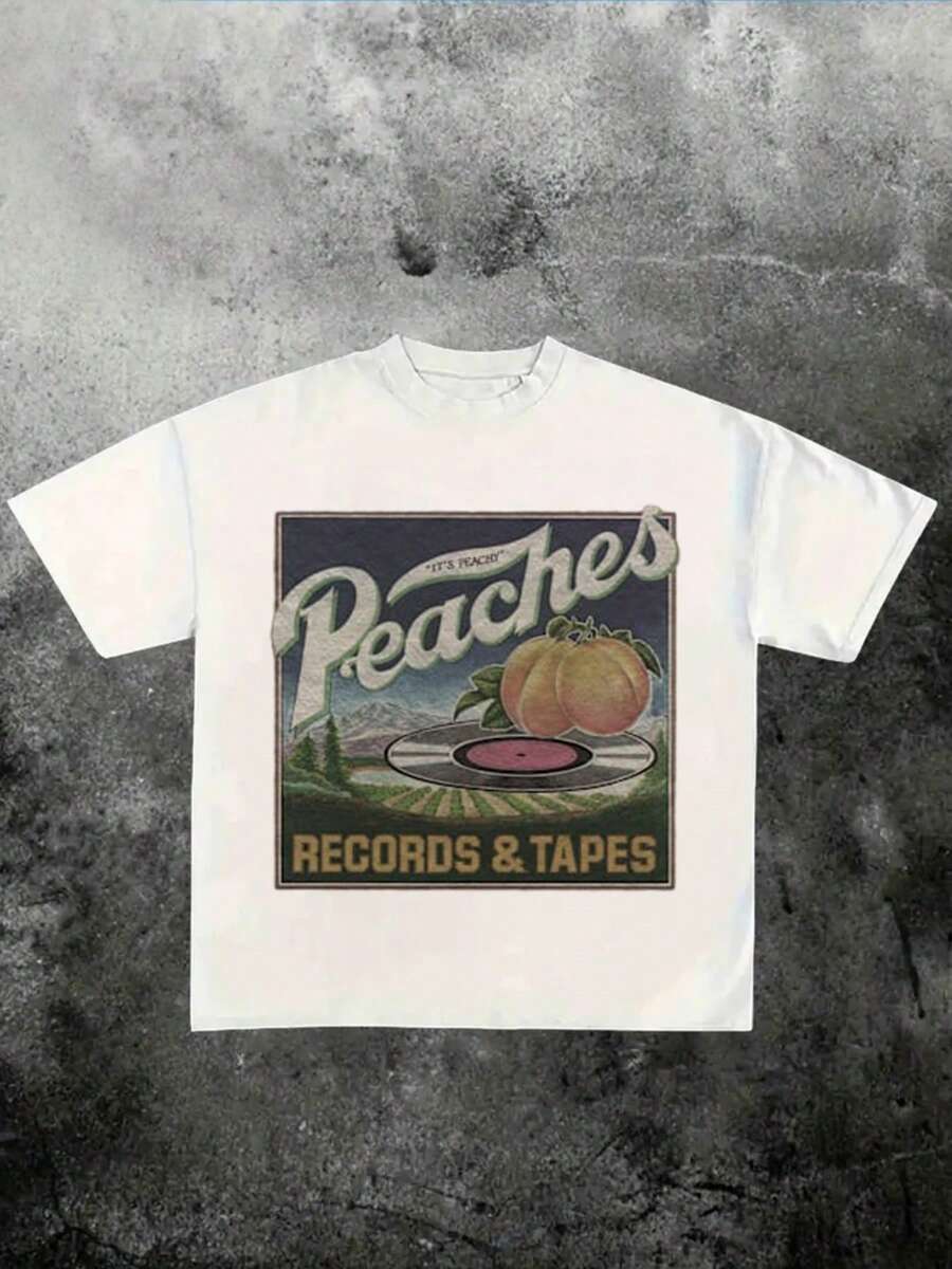 Retro Music - Store - Inspired Peaches Records & Tapes T - Shirt, 100% Cotton With 220g Weight - White - View 1