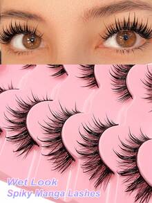 Asiteo 5 Pairs Grafting Effect Of Wet False Eyelashes Comics Eyelashes Are Spiky, Thin Stems And Thick Curls,Manga Lashes Anime False Eyelashes Wet Look Choppy Lashes Faux Mink Lashes Fashion Thick Extension - 尖尾漫畫款 - 查看 1