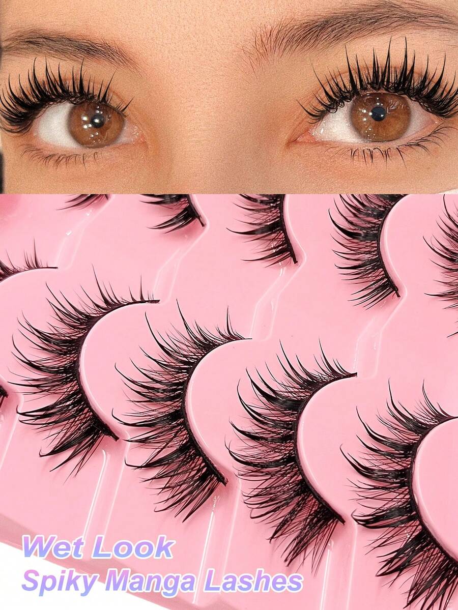 Asiteo 5 Pairs Grafting Effect Of Wet False Eyelashes Comics Eyelashes Are Spiky, Thin Stems And Thick Curls,Manga Lashes Anime False Eyelashes Wet Look Choppy Lashes Faux Mink Lashes Fashion Thick Extension - 尖尾漫畫款 - 查看 1