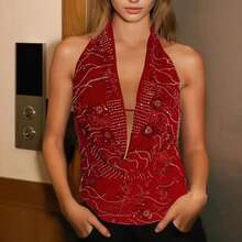 Women Y2k Halter Cowl Neck Tops Summer Vintage Sequins Beads Deep V Neck Sleeveless Backless Crop Tank Tops Sexy Elegant Going Out Vest Shirt Blouse Tops Party Club Streetwear Retro Aesthetic Clothes 90s - 紅色 - 查看 3