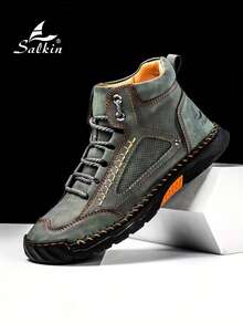 Salkin Botas de tobillo de moda cosidas a mano para hombre, zapatos casuales con cordones, resistentes al deslizamiento y transpirables, con Top de PU, aptos para deportes al aire libre, conducción diaria, uso en primavera, otoño e invierno. Disponibles en azul, negro, verde, caqui y dorado. Tallas grandes para hombre 45, 46, 47, 48