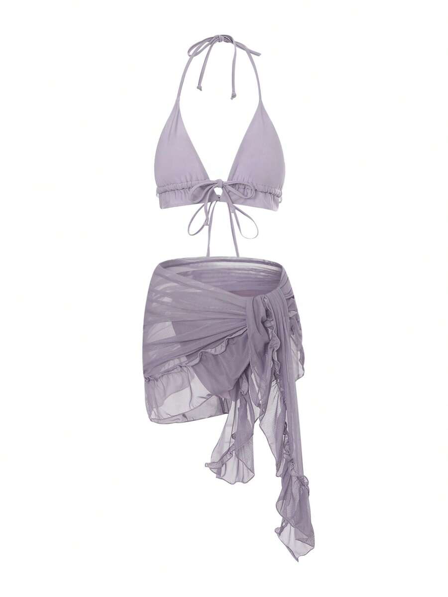 Women's Three-Piece Bikini, Solid Color Ruffle Bandage Halter Bra + Panties + Cover Ups Beach Swimsuit Set - Purple - View 1