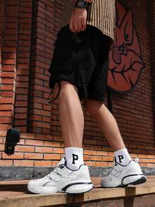 1 Pair Sports Graphic Mesh Splice Unisex Sneakers, Fitness Gym Vintage Thick Sole Chunky Sneakers, Breathable Lightweight Casual Running Shoes, Suitable For Men And Women - White - View 3