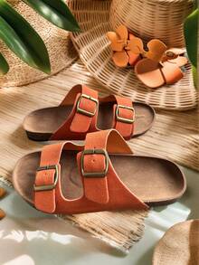女士新款时尚沙滩凉鞋，木质底平底露趾透气双扣优雅百搭舒适户外散步女士平底凉鞋 - 橘色 - 查看 3