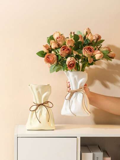 1PC Boho Farmho Linen Inspired Ceramic Like Plastic Vase Textured Surface, Home Centerpiece Wedding Ho warming Unisex Rustic Tabletop ation Room Flower Glass view 10