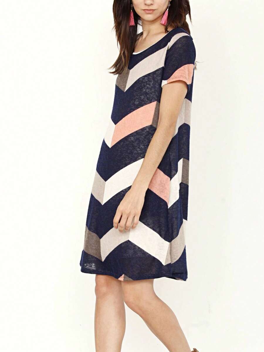 Boho Retro Rayon Cool Soft Summer Cuff Short Sleeve Crew Neck T Shirt Mini Dress Tunic With Pockets - 粉紅色B - 查看 1