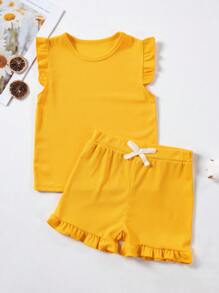 Set de 2 piezas de top sin mangas y shorts de unicolor para niñas, amarillo, para verano
