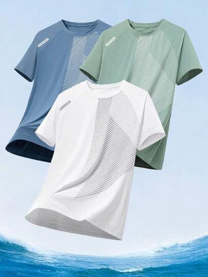 3pcs/Set Men's Casual Sports Colorblock Printed Short Sleeve T-Shirts, Summer