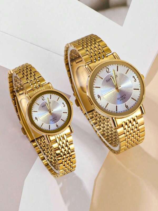 sottas Novo Relógio de Casal Dourado Masculino e Feminino, Um Par de Relógio Estilo Coreano, Simples, Atmosférico, Casual, Versátil, À Prova D'água, Quartzo, Pulseira de Aço