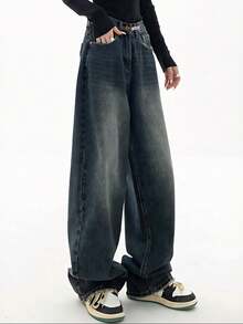 Women's Y2k Baggy Jeans High Waist  Wide Leg Jeans Casual Loose Boyfriends Trousers Vintage Grunge Streetwear, Fall And Winter Denim Pant For Women - 深色水洗藍 - 查看 3