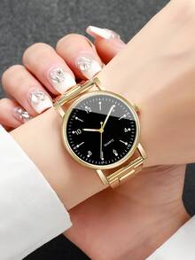1pc Women's Simple Elegant Fashion Steel Strap Quartz Wrist Watch With Numeric Dial, Stylish (Watch Box Not Included) - Gold - View 2