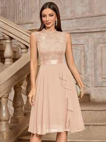 MIUSOL Turtleneck Sequin Floral Lace Sleeveless Ruffle Hem Cocktail Party Dress - Champagne - View 1