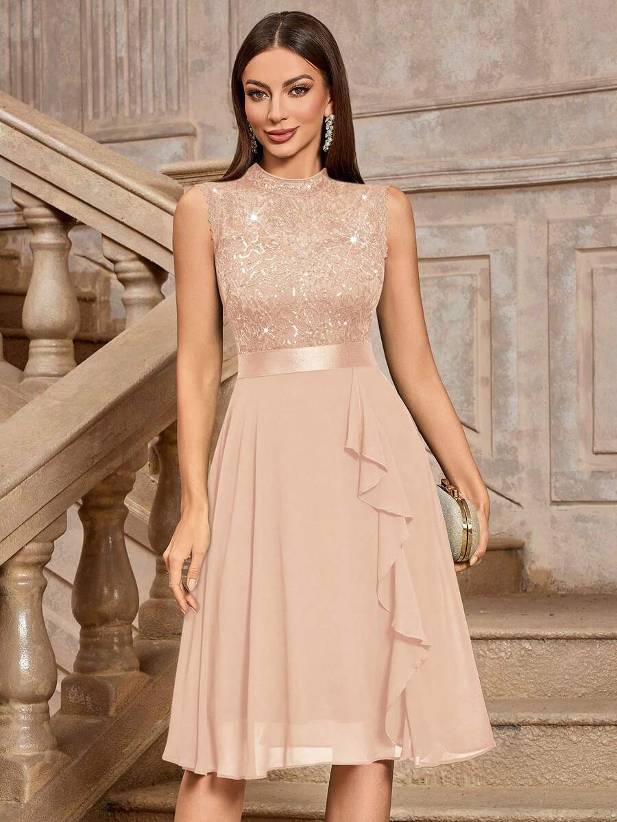 MIUSOL Turtleneck Sequin Floral Lace Sleeveless Ruffle Hem Cocktail Party Dress - Champagne - View 1