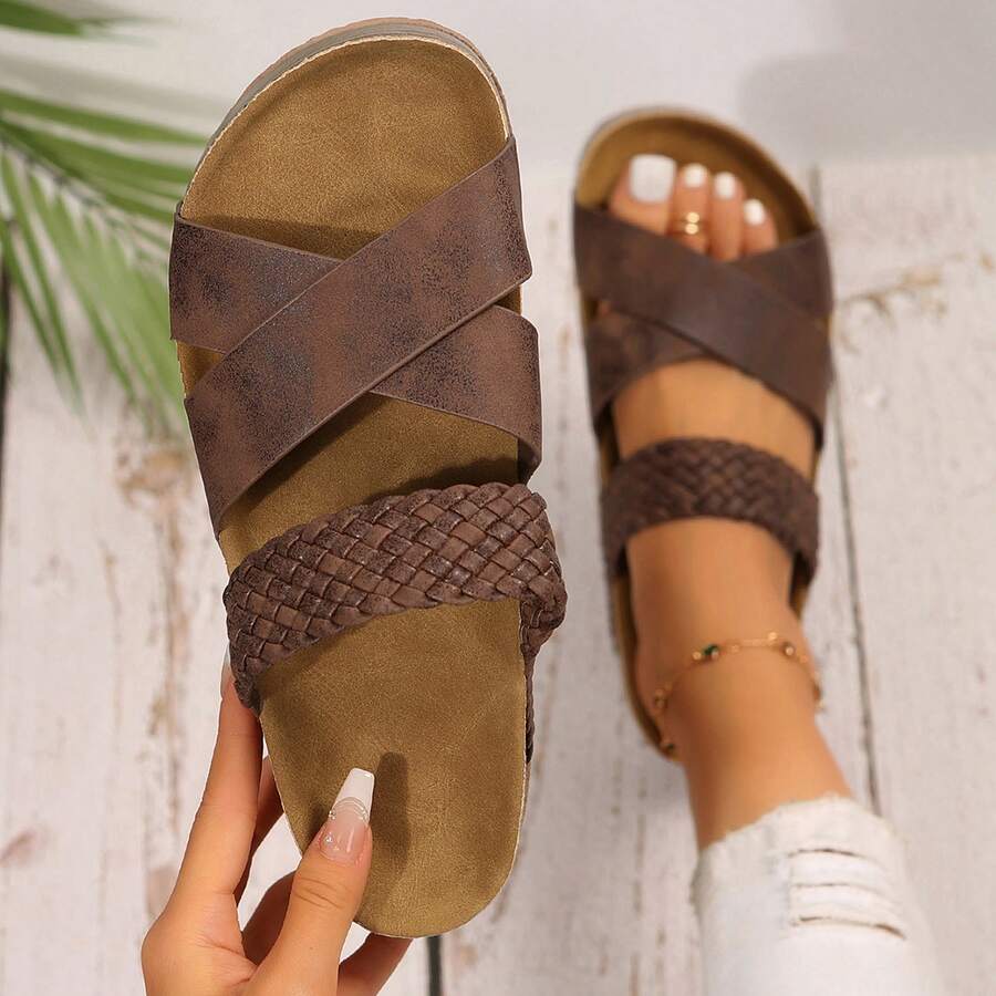 Summer Braided Sandals Wide Fit Thick Bottom Lightweight Sandals For Women - 咖啡棕 - 查看 1