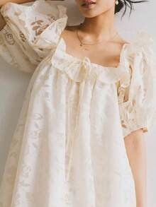 Women Summer Mini Dress Puff Sleeve Square Neck Flower Princess Dress Summer A Line Dress Beach Vacation Dress - 米色 - 查看 4